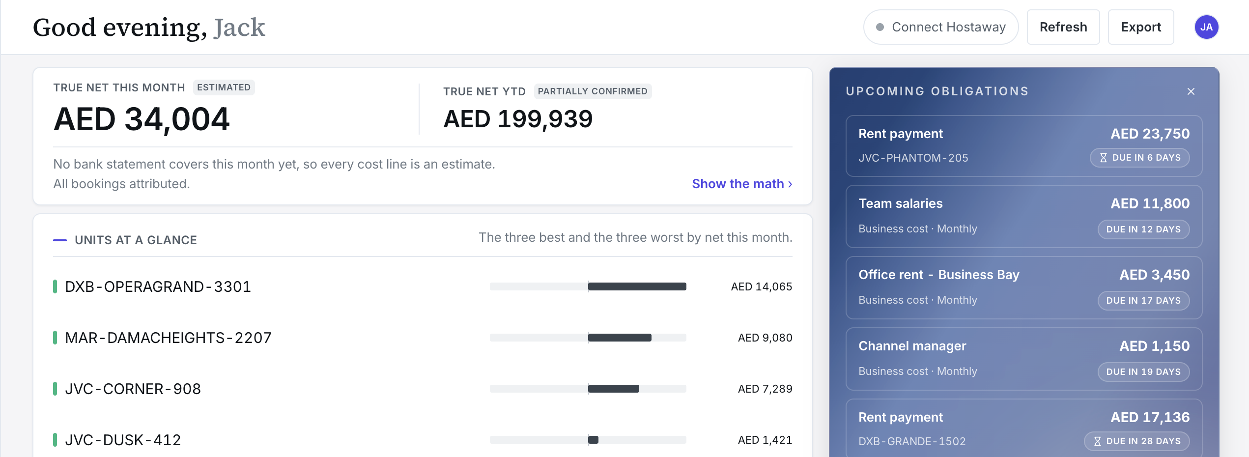 Propscalr Overview for the demo portfolio: True Net this month AED 34,004, True Net YTD AED 199,939, units at a glance, and upcoming obligations.